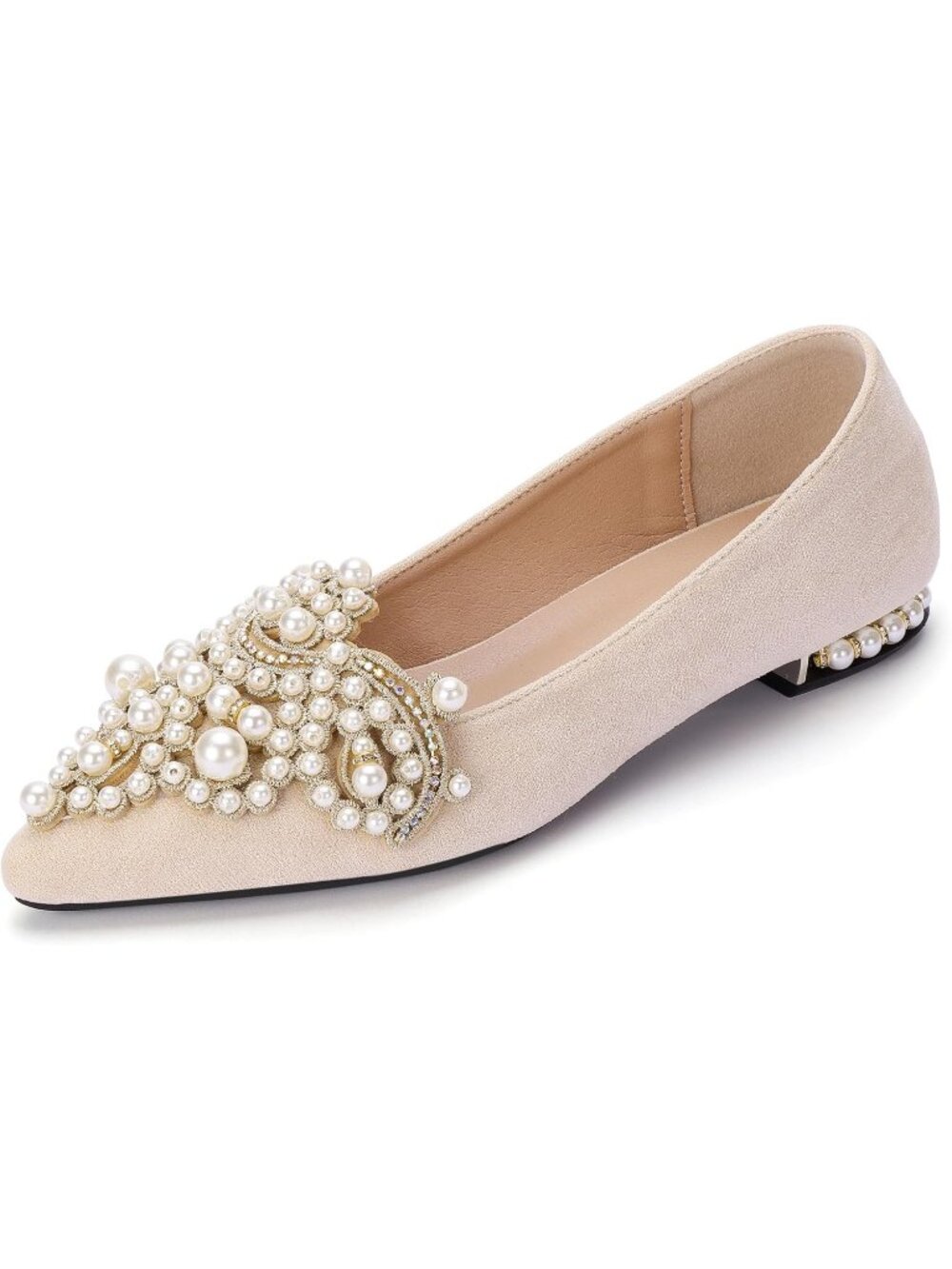 👑Women Apricot Rhinestone Pointed Flat Shoes  Low Heel Wedding Dress Shoes